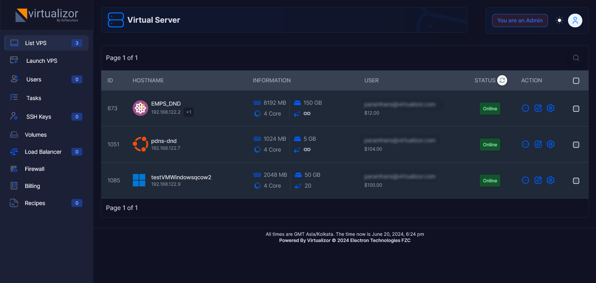 Virtualizor VPS list overview