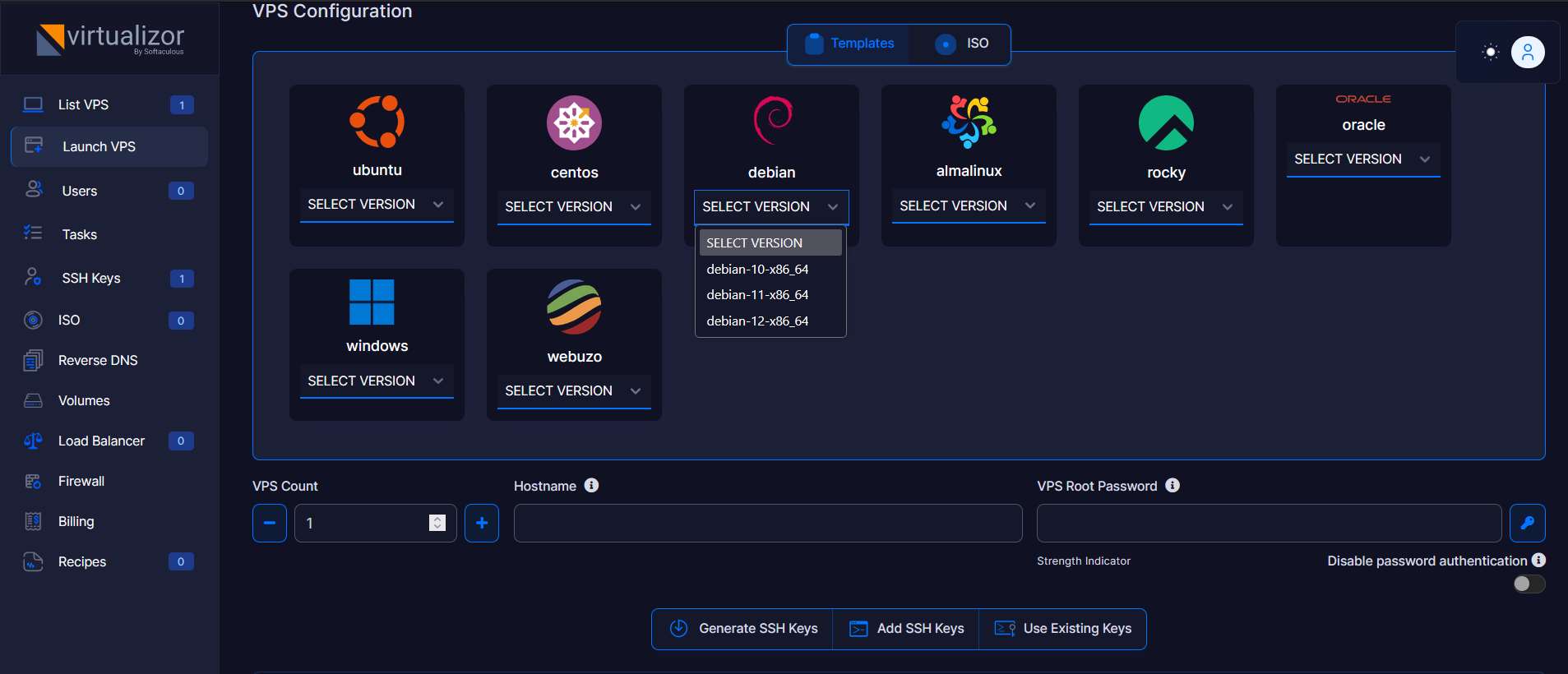 Virtualizor VPS configuration panel