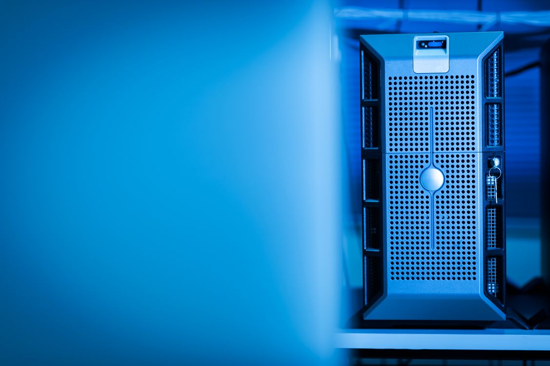 Server hardware with blue LED illumination in a data center environment